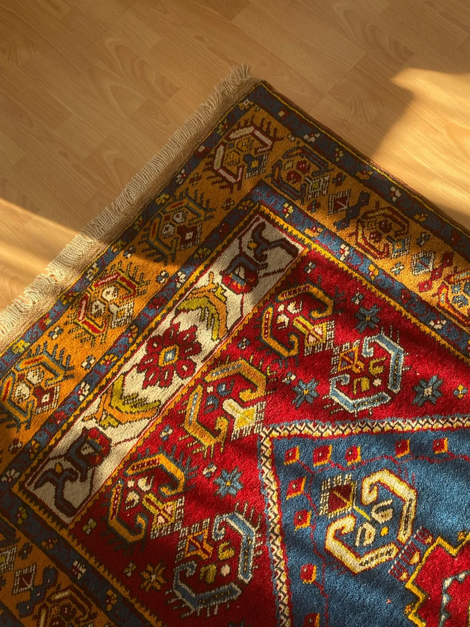 A patterned wool-style rug with fringe resting on a wooden floor in natural sunlight